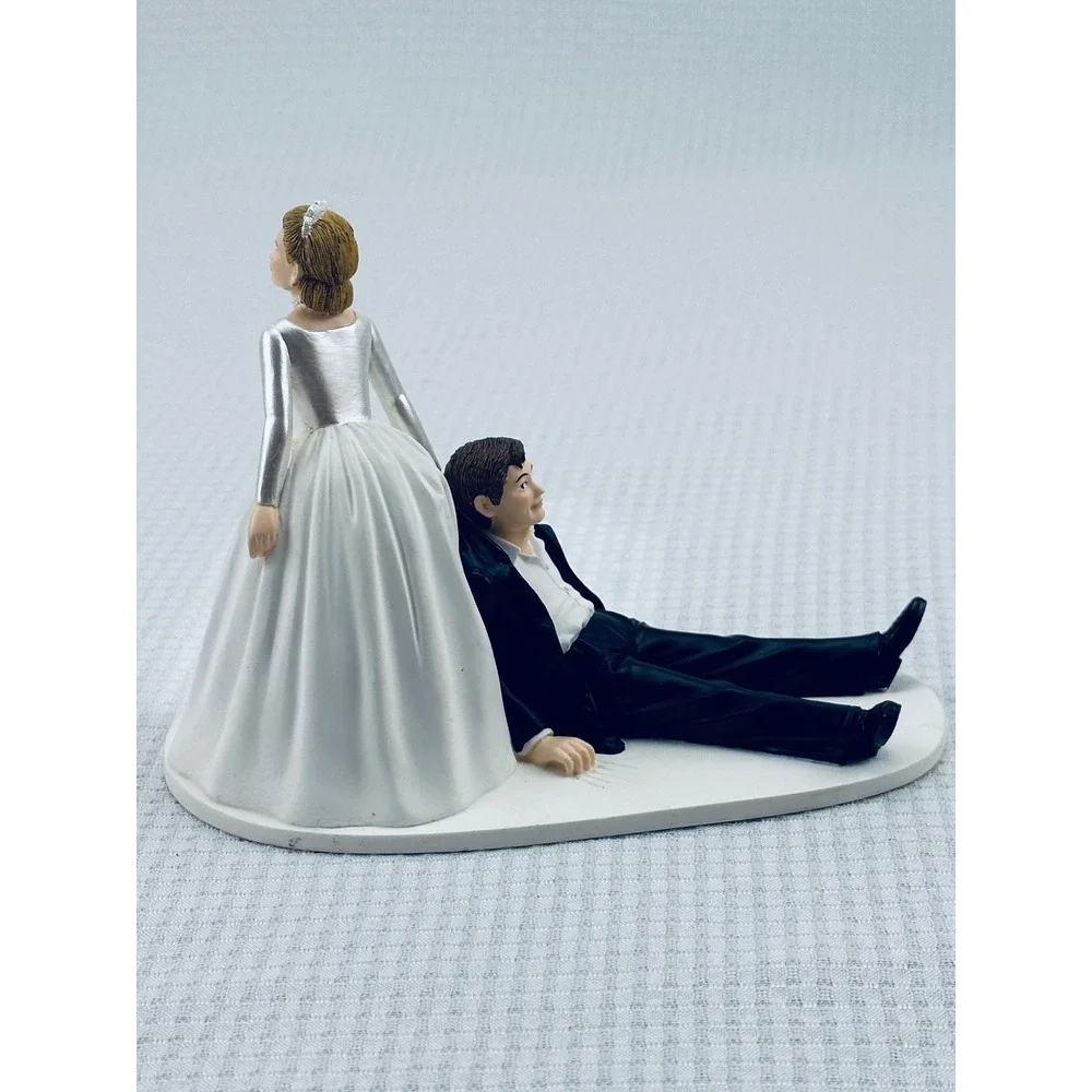Funny Bride Dragging Groom Wedding Cake Topper Novelty Resin Figurine